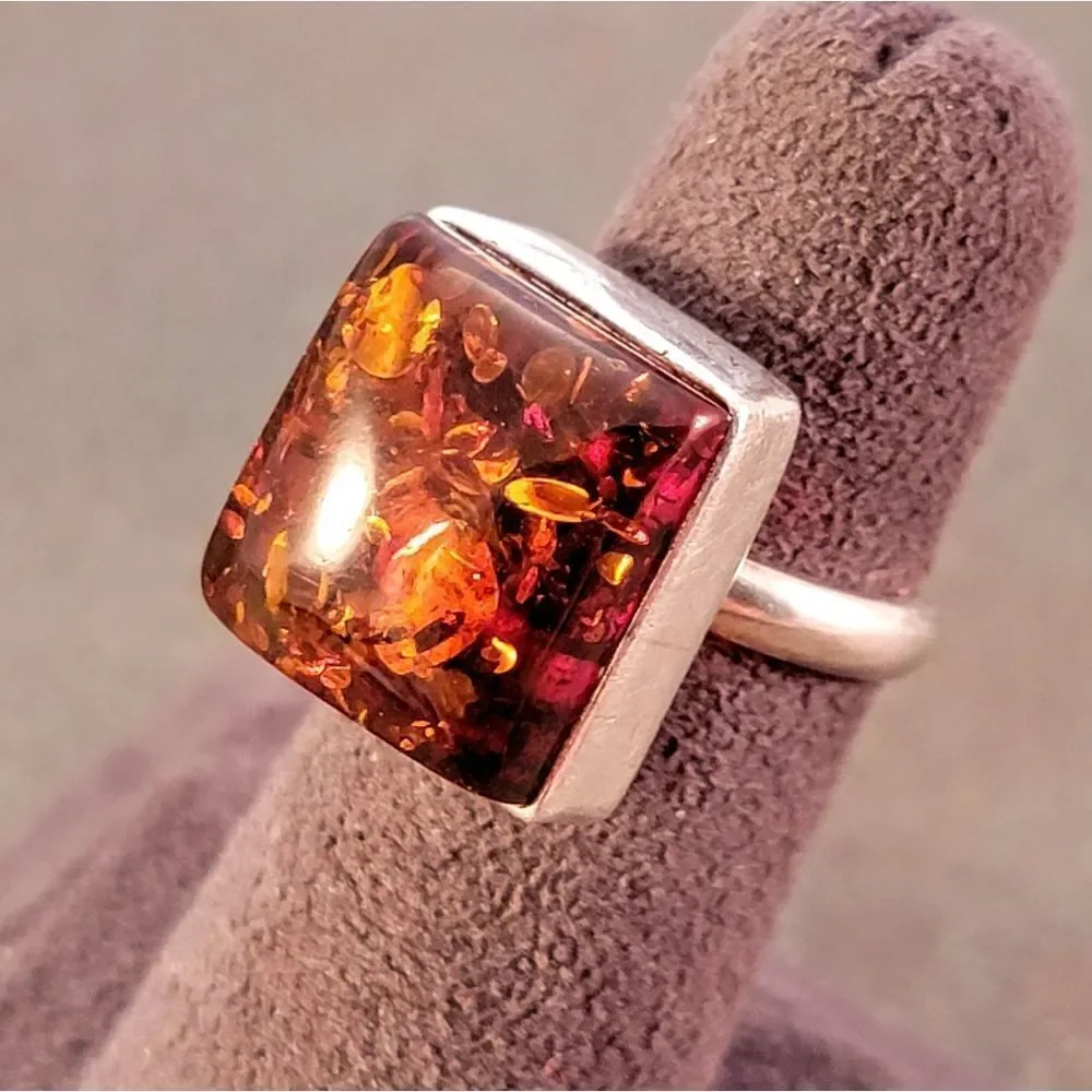 Vintage Sterling Baltic Amber Cab Rectangle Statement Ring Sz 6
